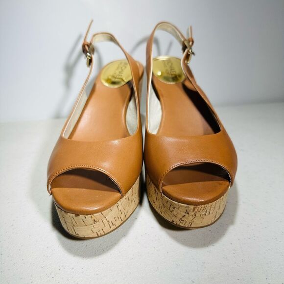 Michael Kors Women's Size 8M Tan Sling Wedge Cork Open Toe  Leather Sandals - Picture 2 of 6